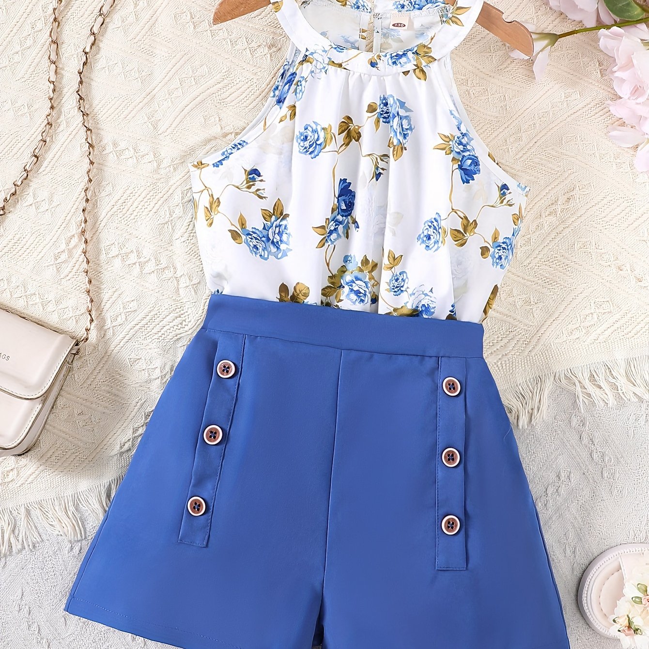 Yozgi faoliyatlar yoki sovg'alar uchun yurak, gullar va kapalak grafikalariga ega bo'lgan halter tepa va tugmachali shortlardan iborat 2-qismli to'plam.