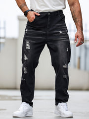 Erkaklar uchun qora rangdagi plussiz skinny jinsilar, o'rta cho'zilishli, yirtilgan denim. Kattalar uchun mos keladigan, barcha mavsumlarga mo'ljallangan to'qilgan matodan tayyorlangan.