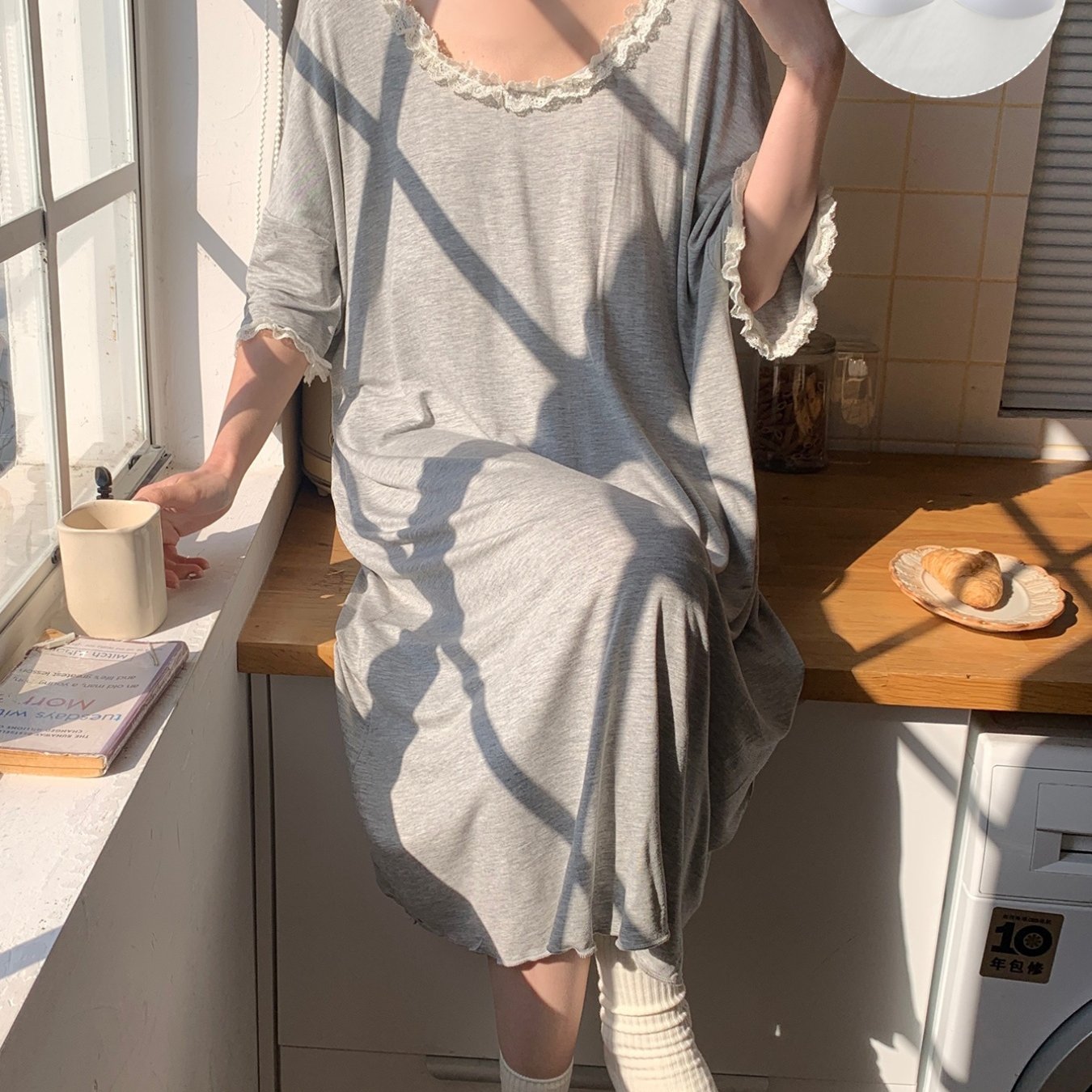 Women's Summer Sleep Dress with Built-in Bra Pads Lace Trim Nightgown