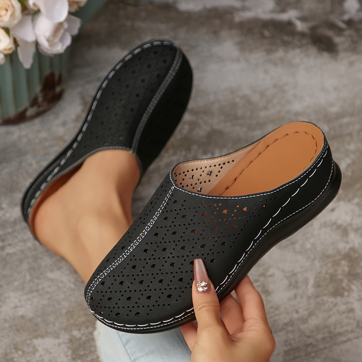 Women's Slip-On Platform Mules with Cut-Out Design Breathable PU Black White
