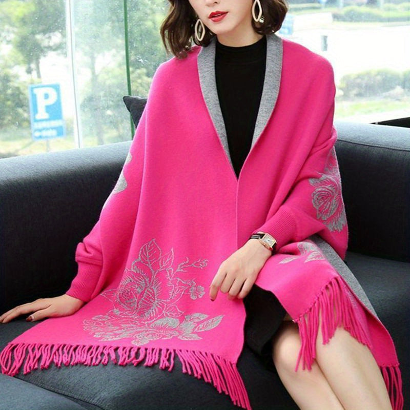Women's Reversible Jacquard Warm Cape Shawl with Brooch Stylish Wrap