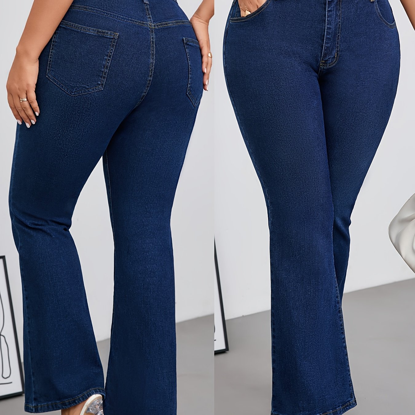 Plus Size Women's Blue Stretch Flare Jeans with Button Fly and Pockets