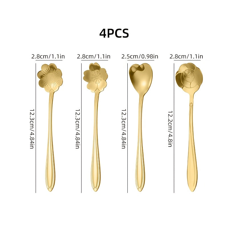 Set of 8 Stainless Steel Coffee Spoons with Flower Pattern for Coffee and Dessert
