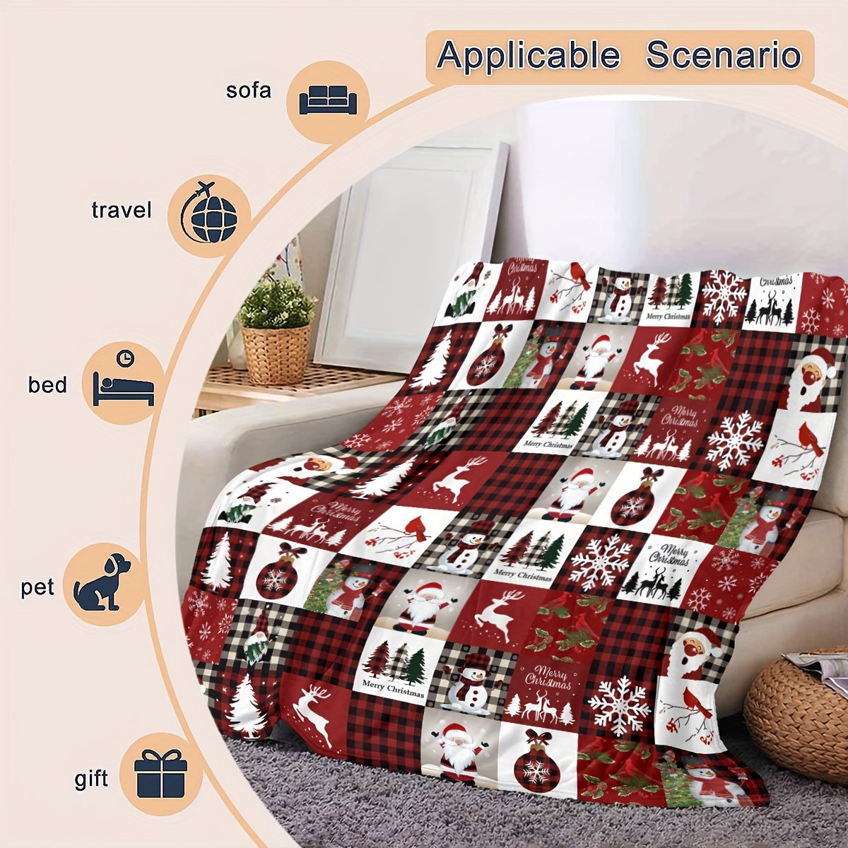 Reversible Christmas Reindeer Snowflake Throw Blanket Polyester Flannel for Sofa Bed Office