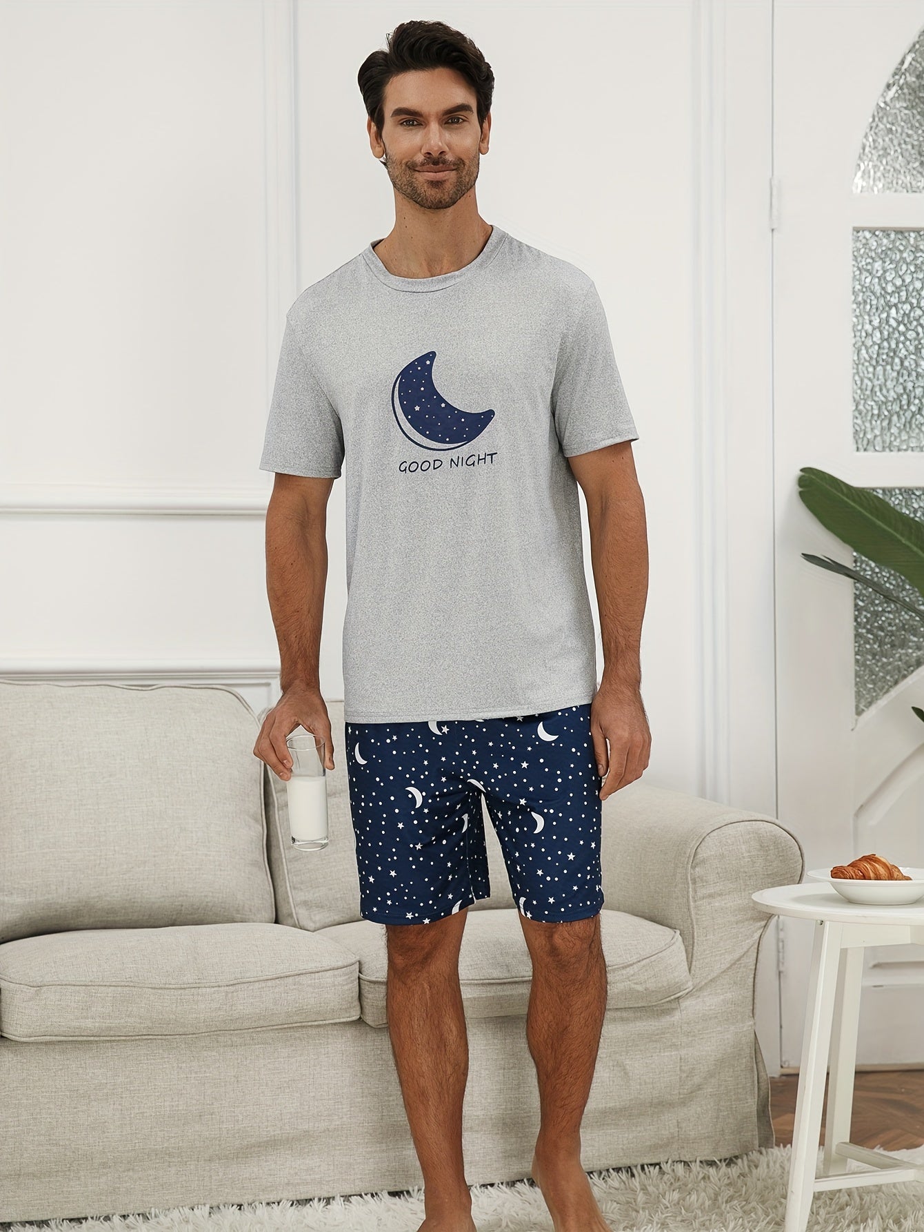 Men's Short Sleeve Galaxy Moon Print Pajama Set Polyester Casual Sleepwear