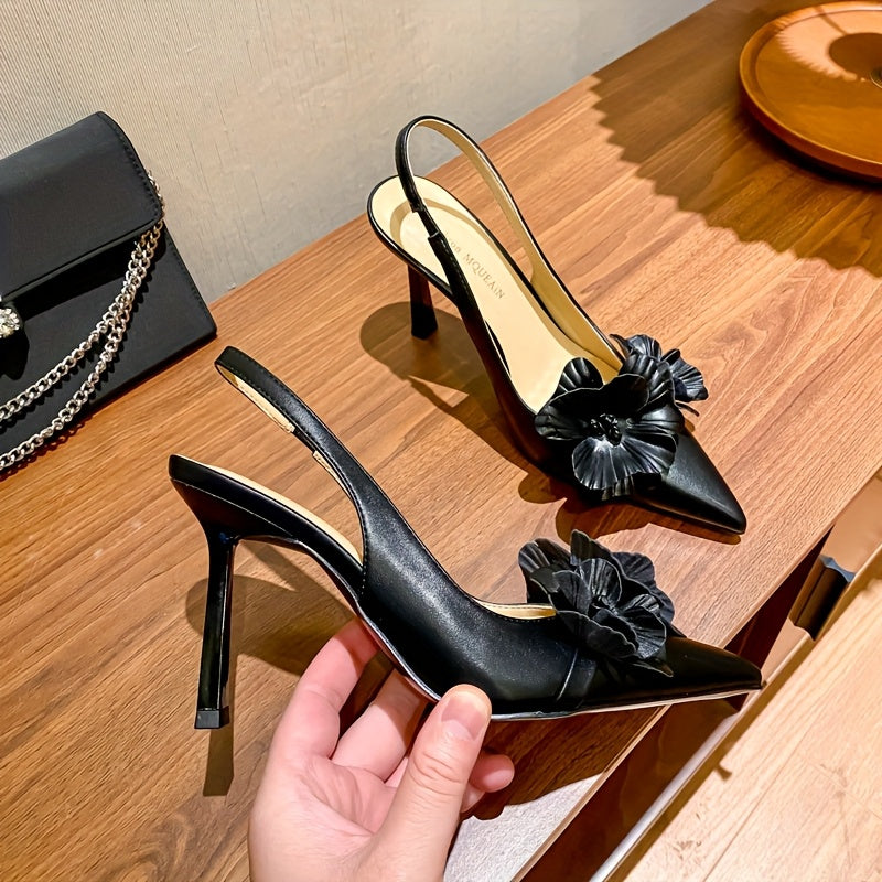 Women's Pointed Toe High Heel Shoes with 3D Flower Embellishments Black White for Weddings Parties