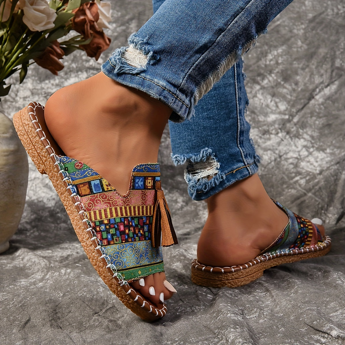 Women's Bohemian Flat Sandals with Tassels, Rubber Soles, Hand Washable