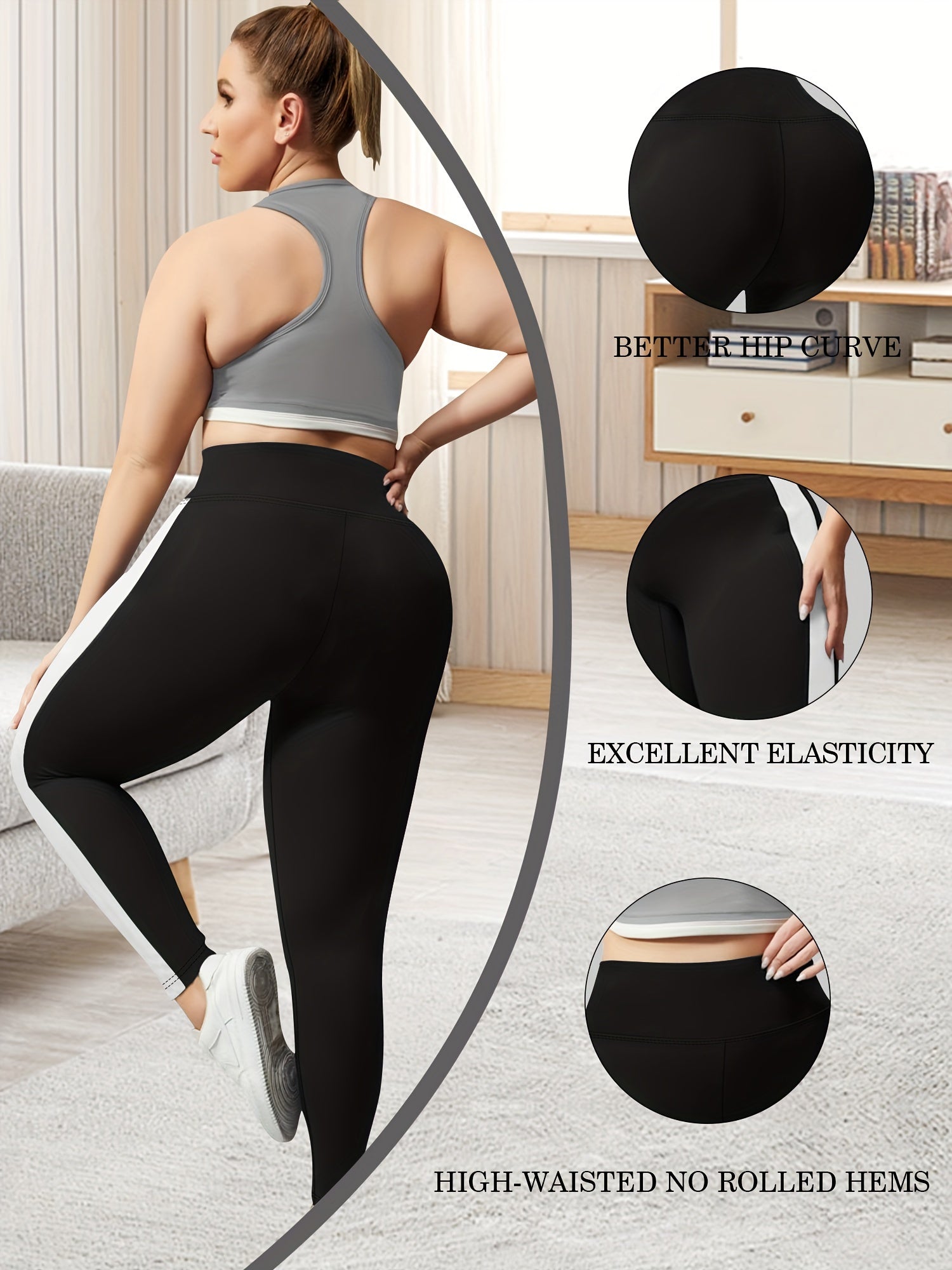 Plus Size High-Waisted 7/8 Leggings Black White Color-Block All-Season Non-See-Through