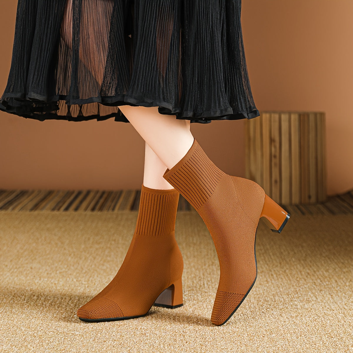 Women's Solid Color Knit Slip-On Ankle Boots with Chunky Heel