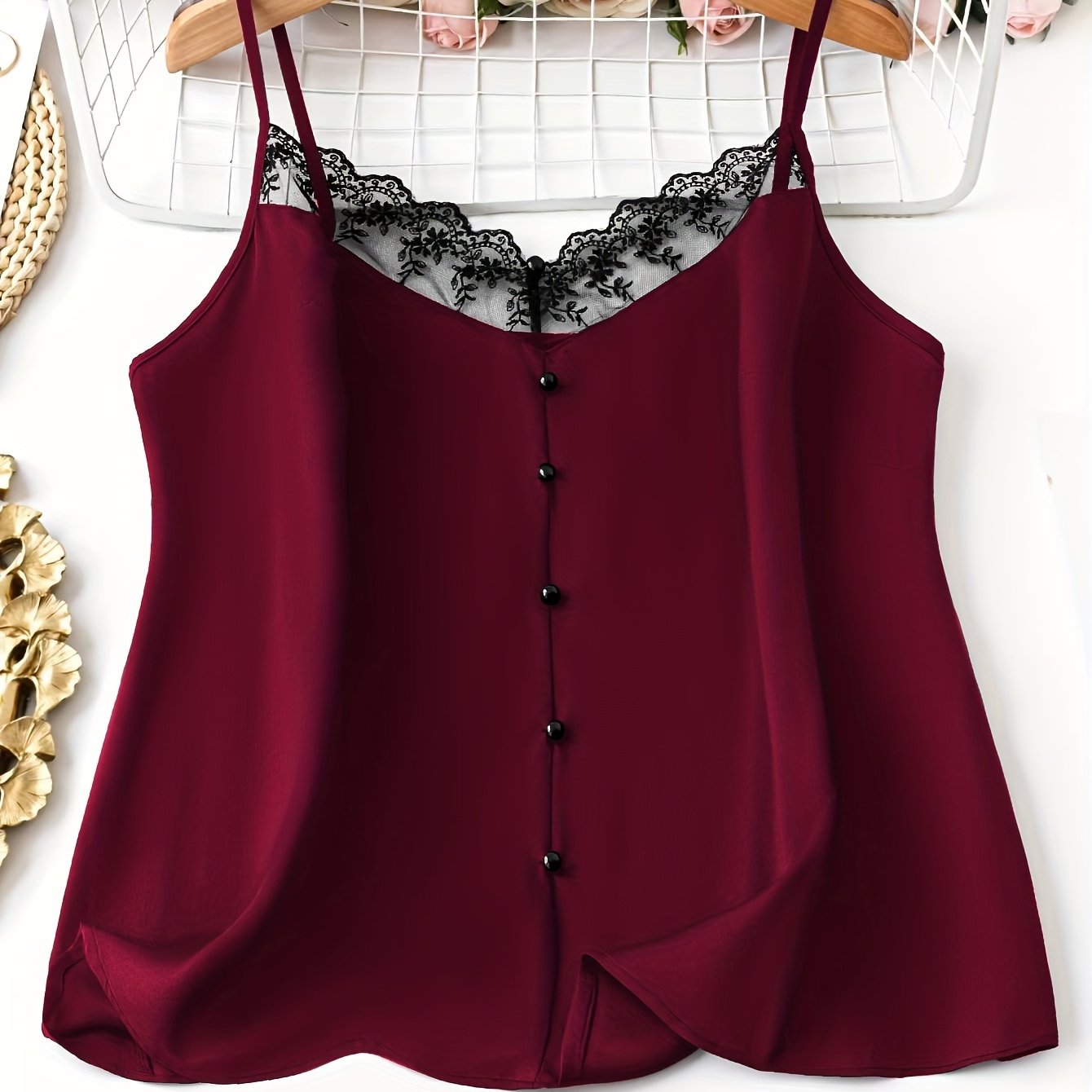 Top de tirantes sin mangas de talla grande con escote en V y paneles de encaje floral para verano