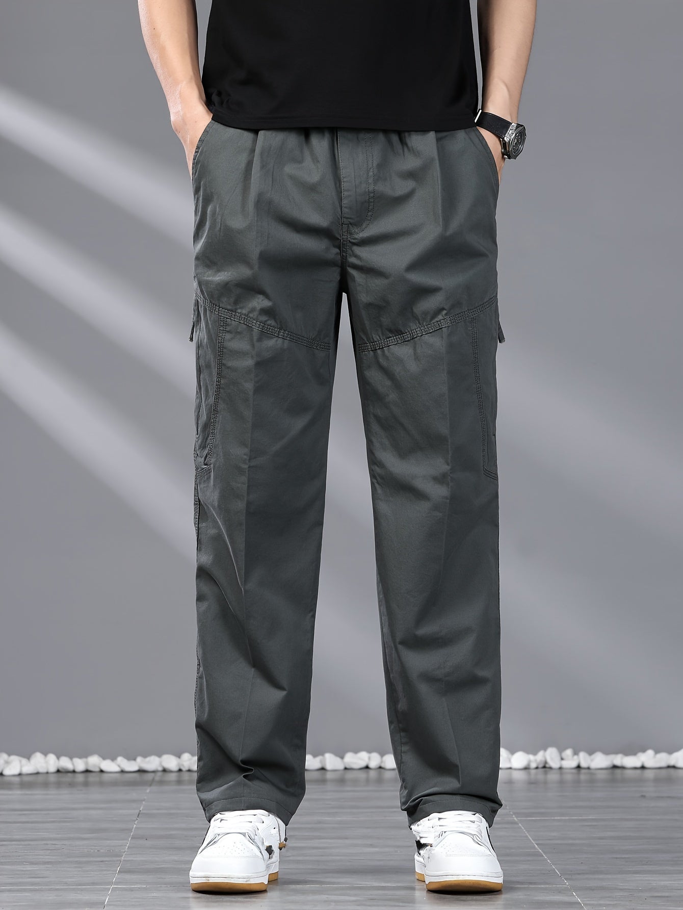 Men's Cotton Cargo Pants Loose Fit Solid Color Drawstring Casual Outdoor