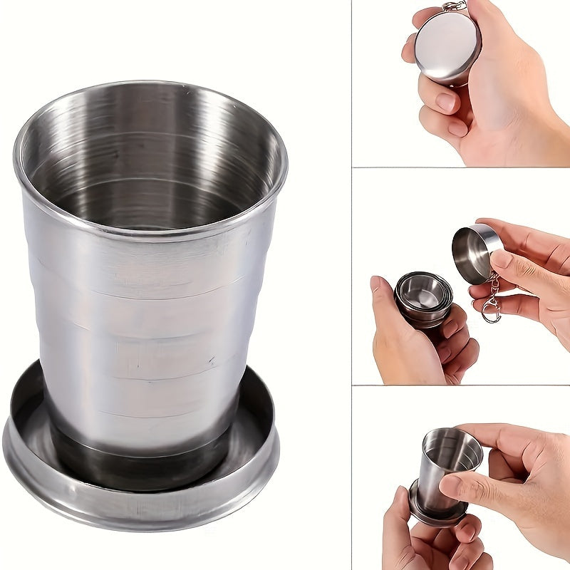 Taza de viaje plegable de acero inoxidable de 75ml con llavero para camping y senderismo