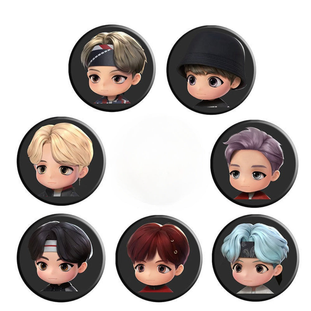 Set of 7 K-Pop Inspired Round Alloy Brooch Pins Fashionable Cartoon Design Accessories