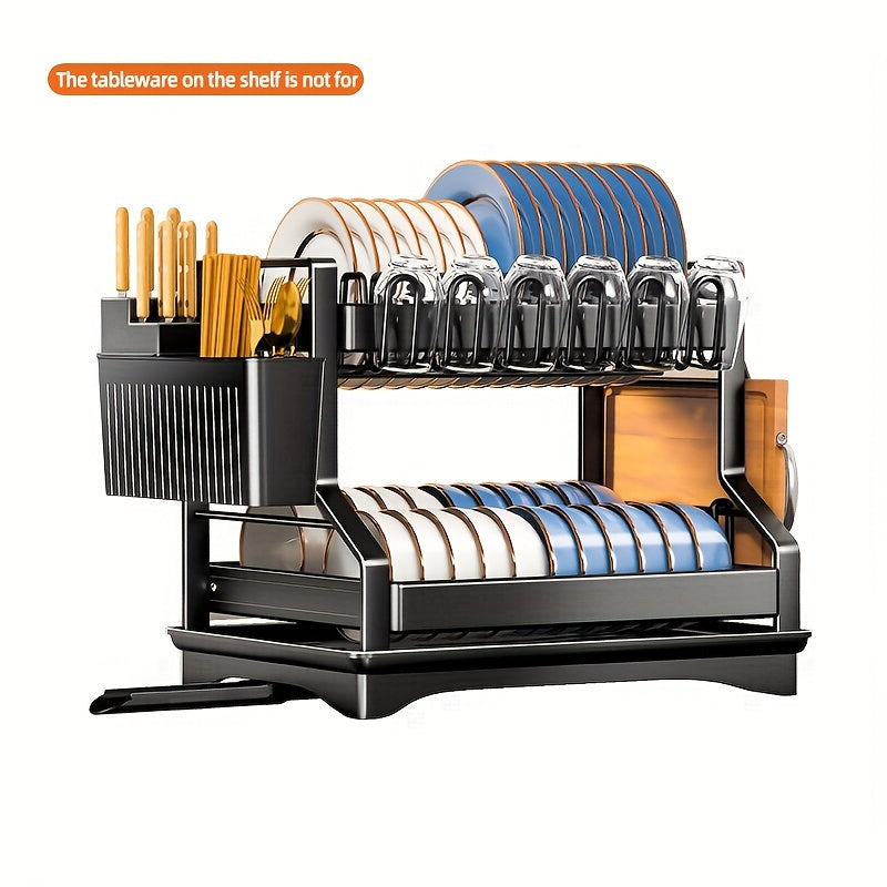 Двухслойная сушилка для посуды - поддерживайте порядок на кухне с помощью этой удобной стойки, которая включает место для палочек, водных стаканов и разделочных досок. Большая емкость для слива помогает сохранять посуду сухой и аккуратно хранящейся.