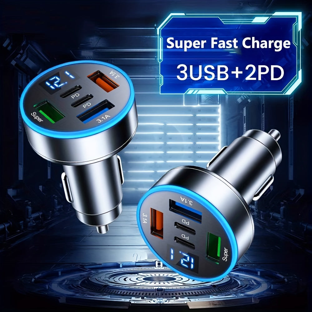 Cargador de coche universal con 3 puertos USB y 2 interfaces de carga rápida PD con pantalla digital ≤36V