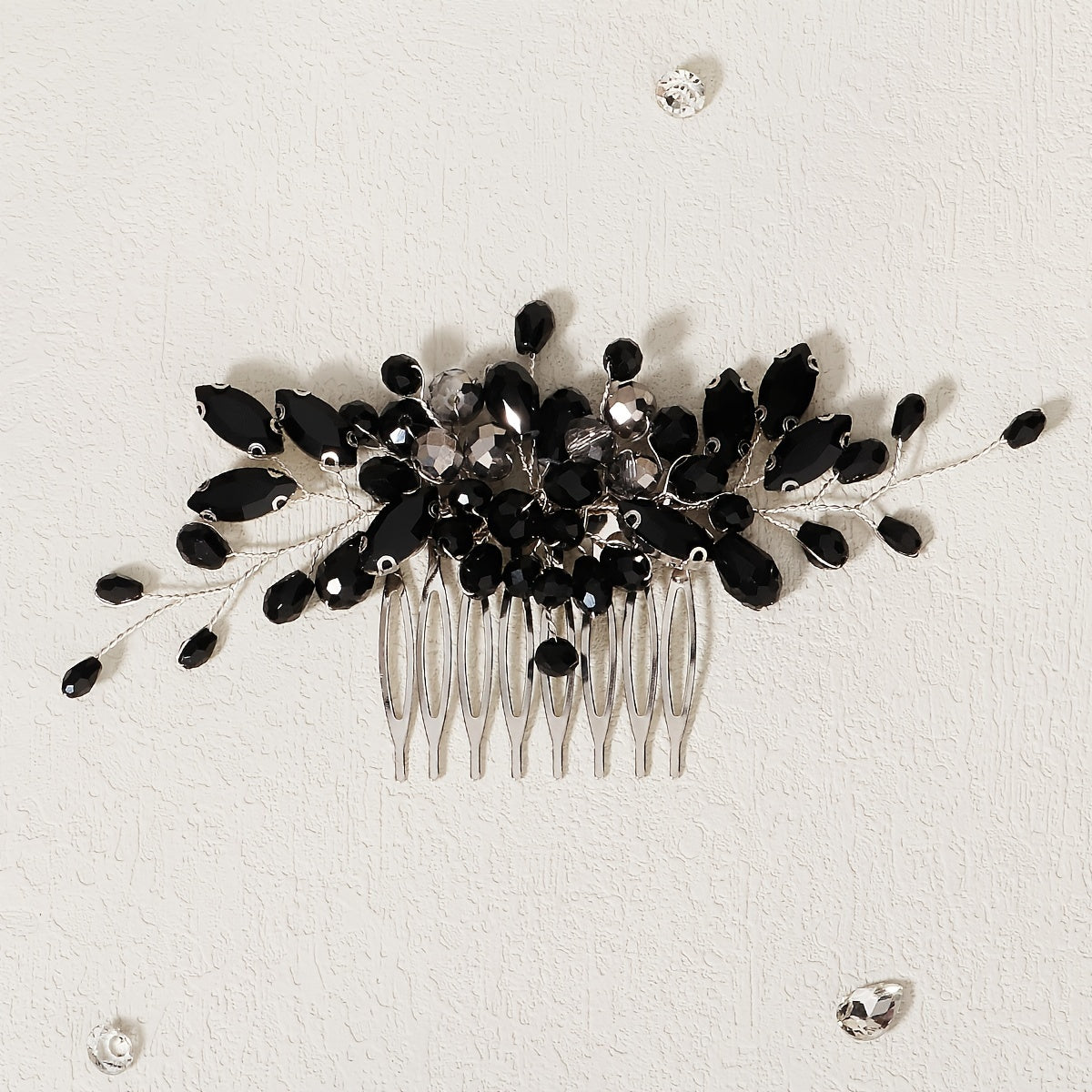 Black Hair Comb with Bridal Crystal Rhinestones and Bead Hair Clip for Weddings