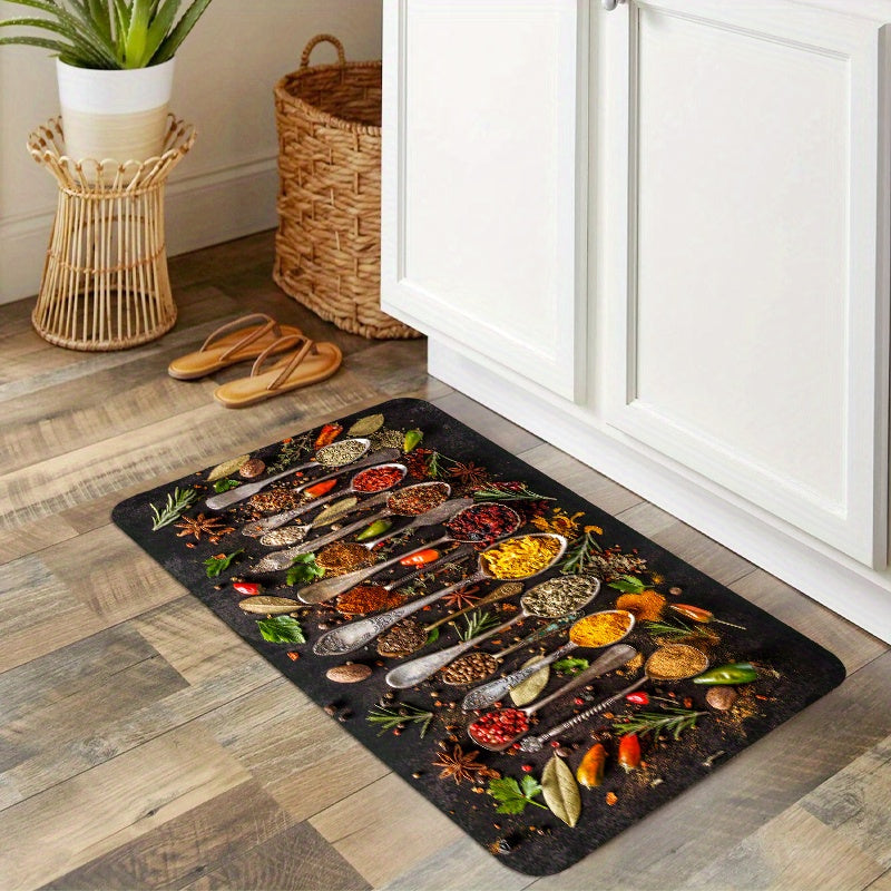 Spices and Cutlery Patterned Non-Slip Kitchen Floor Rug for Home Decor