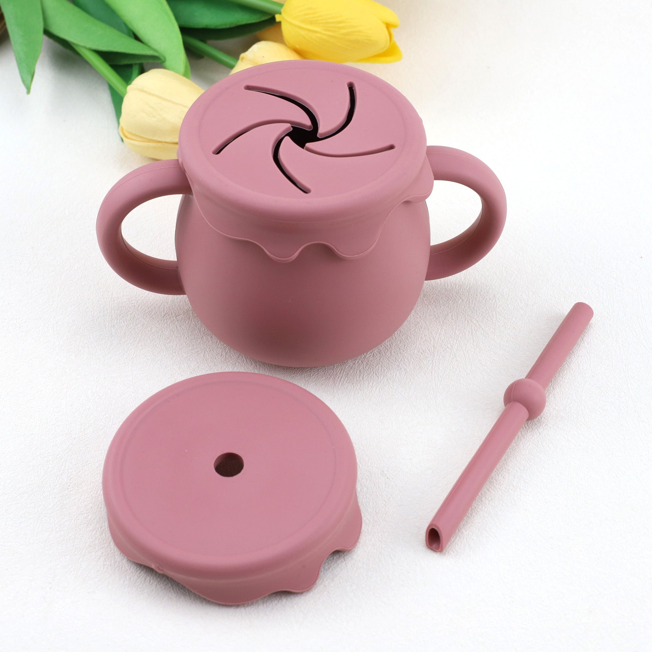 9-Piece Silicone Baby Tableware Set with Bib Plate Bowl Cup Spoon Fork