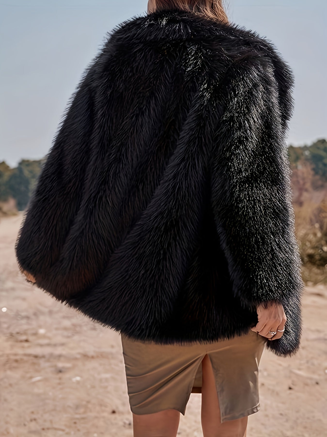 Women's Faux Fur Collar Coat with Slanted Pockets Long Sleeve Fall Winter Solid