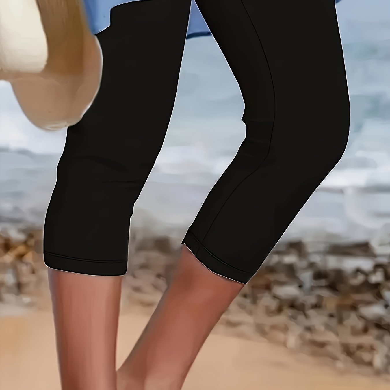 Plus Size Women's Stretchy Capris High-Waisted Solid Blue Casual