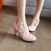 Women's PU Leather Round Toe Kitten Heel Pumps with Bowknot Ankle Straps