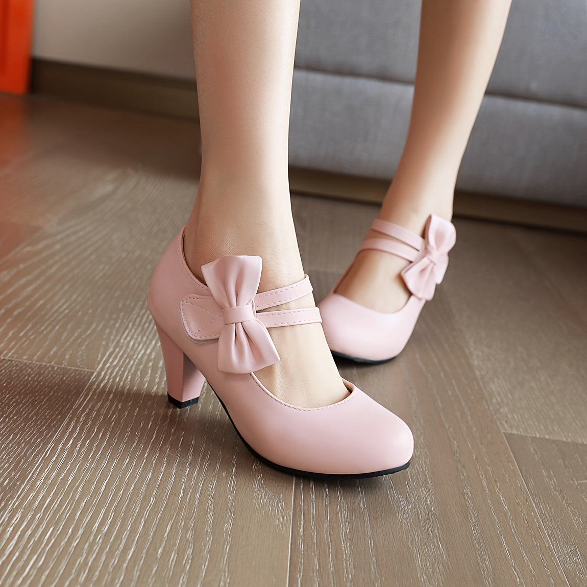 Women's PU Leather Round Toe Kitten Heel Pumps with Bowknot Ankle Straps