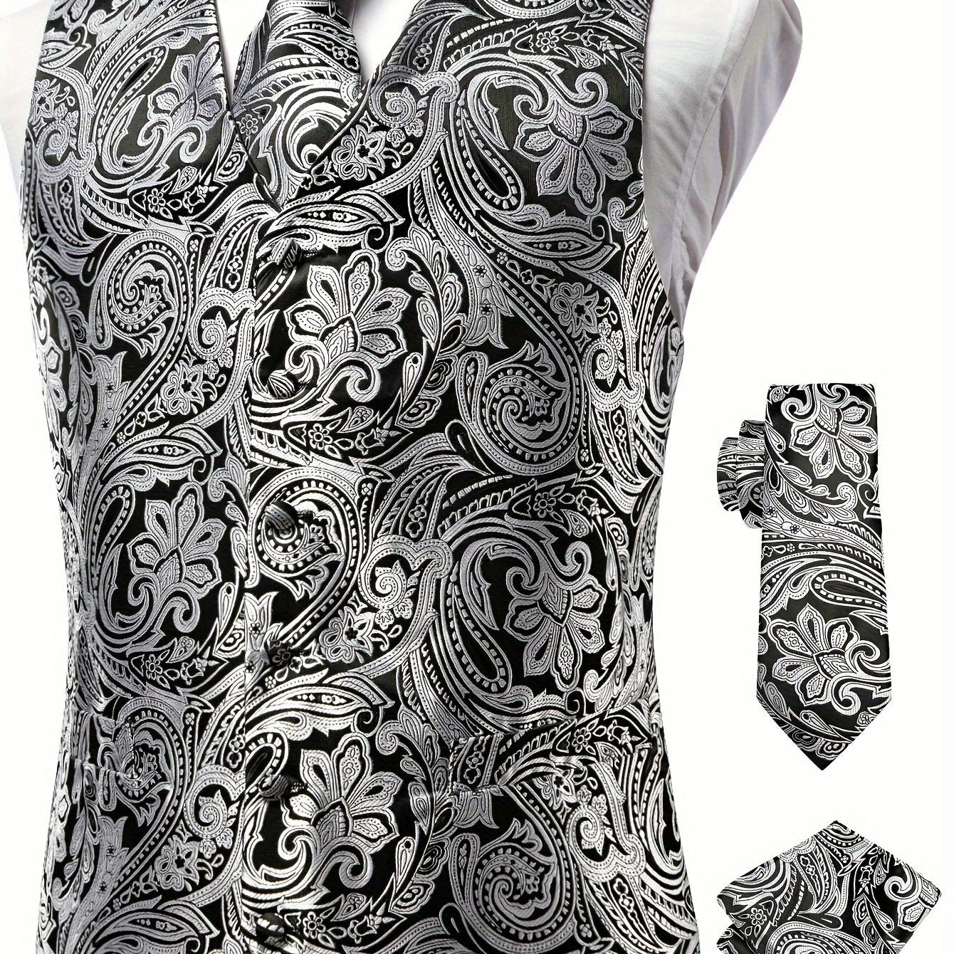 Men's Large Size White Paisley Pattern Accessories Set Waistcoat Necktie Hanky Cufflinks
