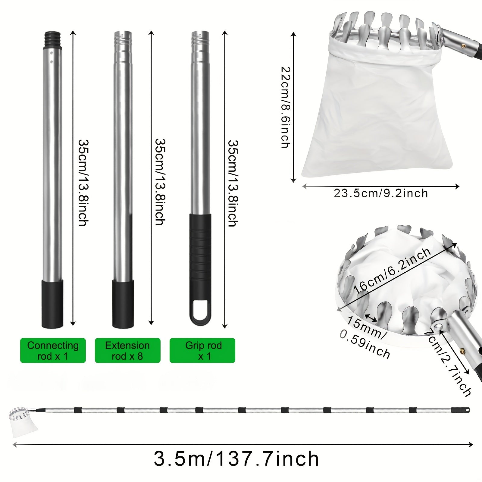 Adjustable 3.35m Stainless Steel Fruit Picker Pole with Large Non-Woven Basket