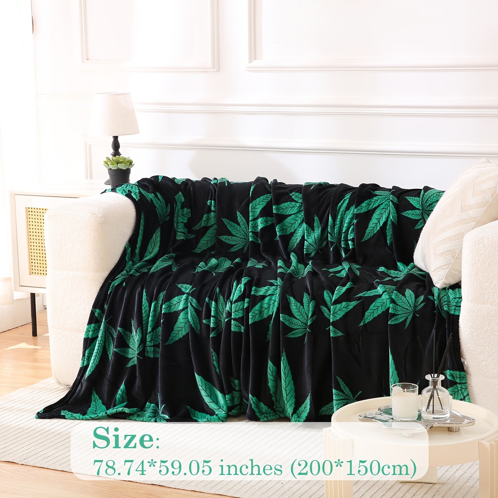 Rustic Style Flannel Blanket with Marijuana Leaf Print for Couch Bed and Travel