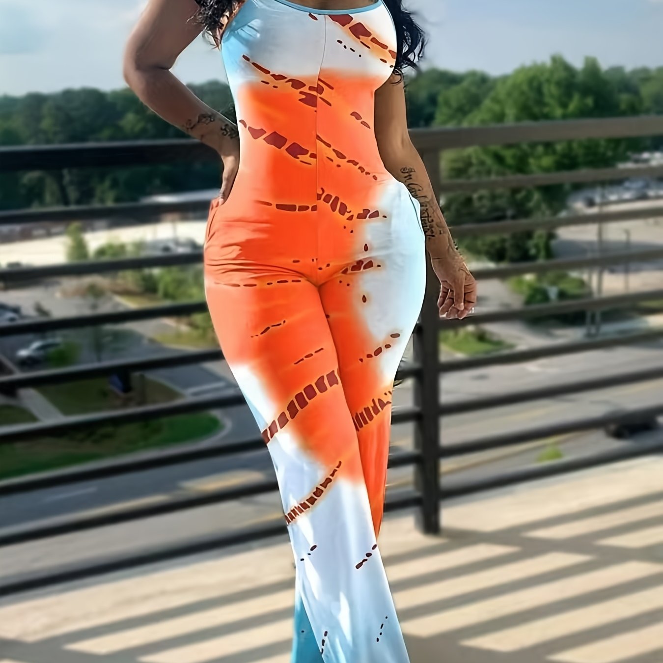 Plus Size Womens Sleeveless Jumpsuit with Pockets and Stripes