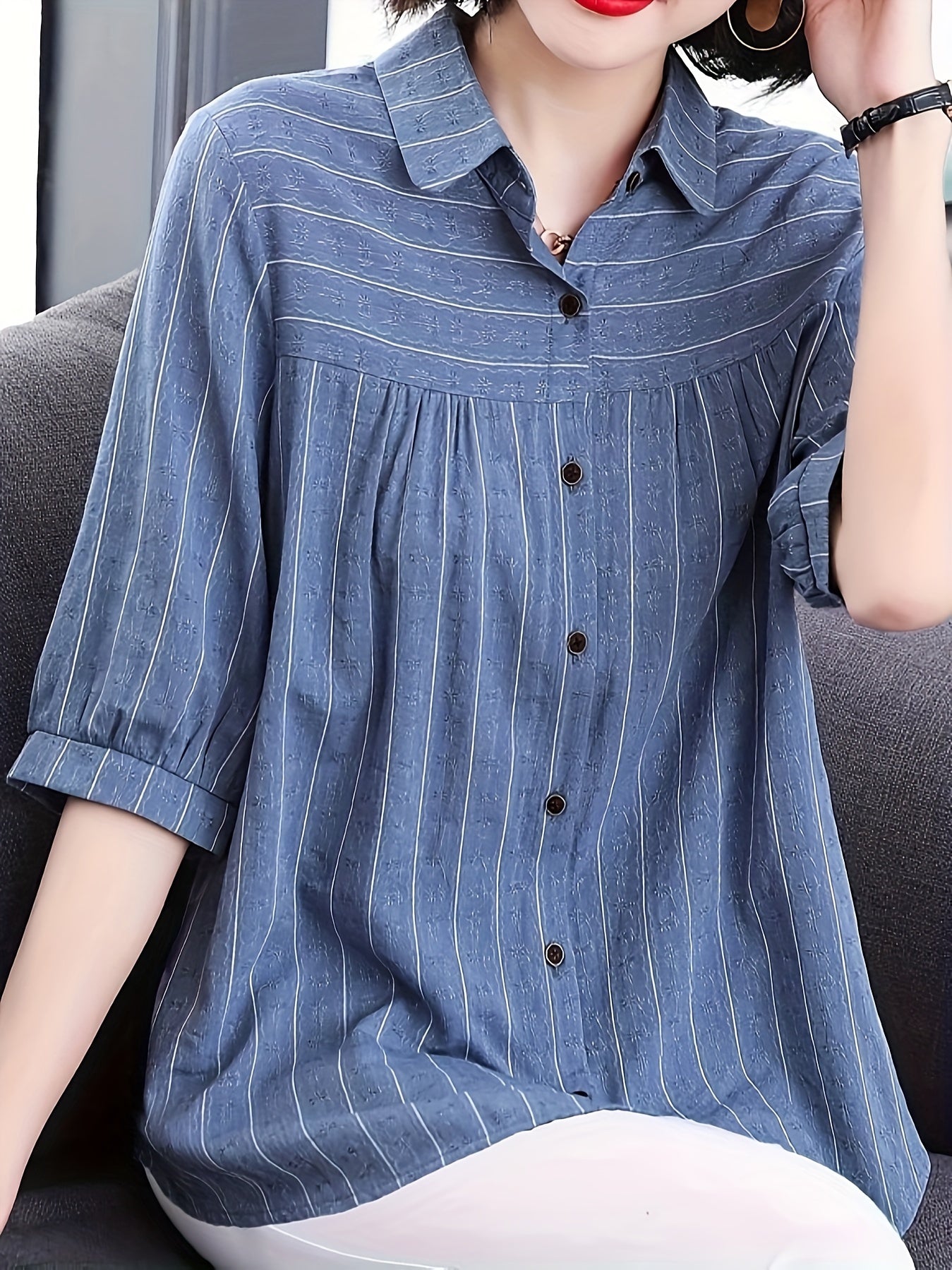 Women's Striped Cotton Shirt with Half Sleeves for Spring and Summer