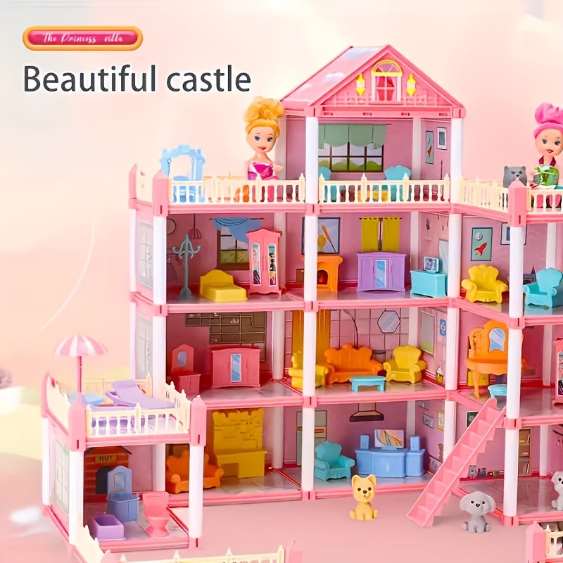 Luxury 4-Story Dollhouse Set with 4 Dolls and Accessories for Children Ages 3+ Pink or Blue
