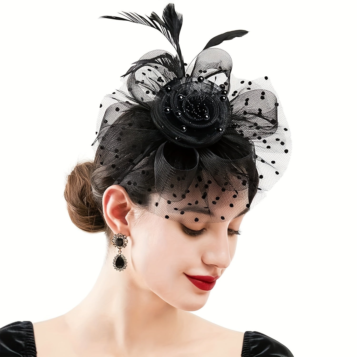 Black Yarn Pillbox Fascinator Hat with Mesh Veil and Fiber Feather for Women
