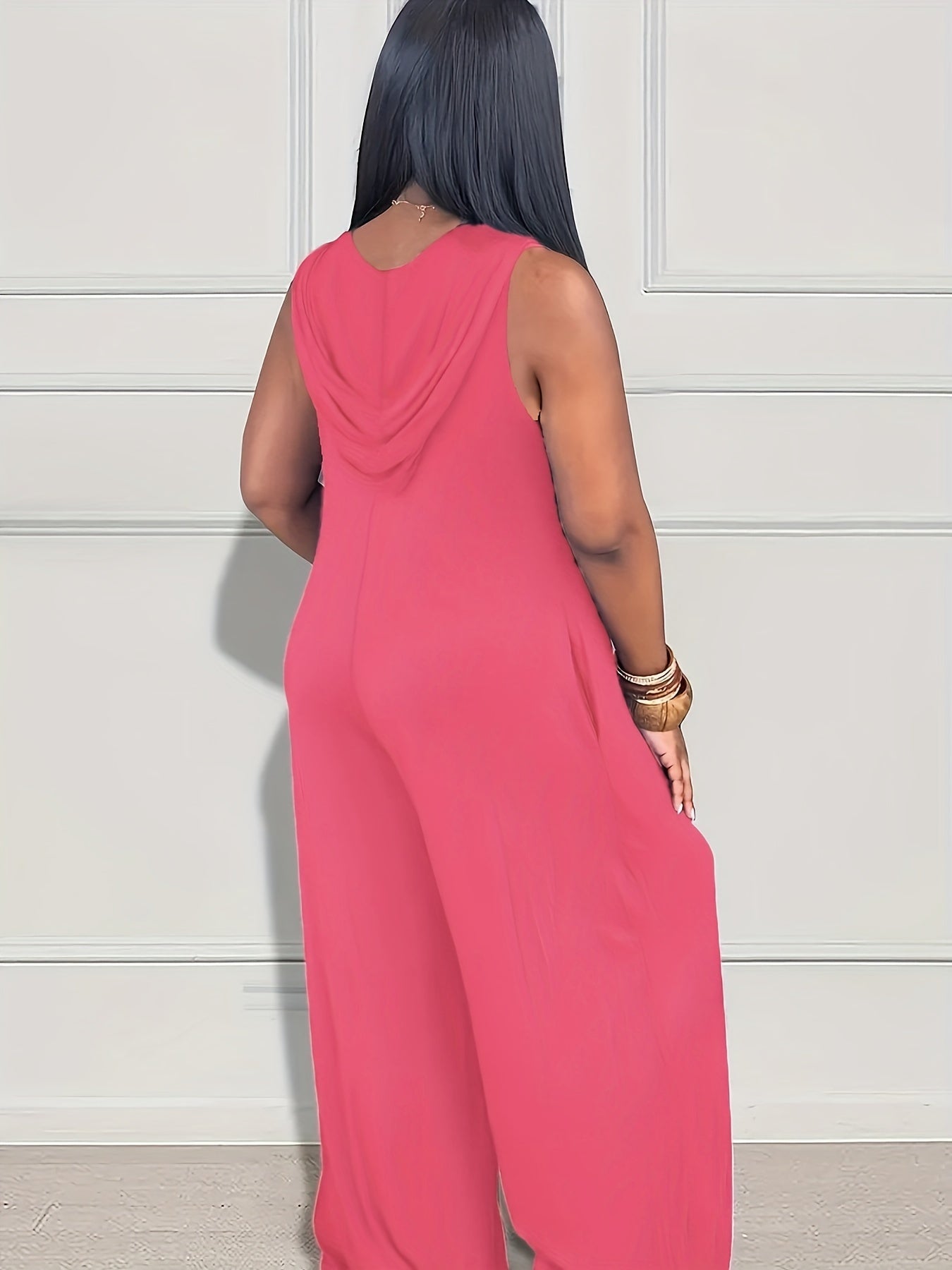 Women's Solid Color Hooded Jumpsuit Loose Fit Wide-Leg Romper with Pockets