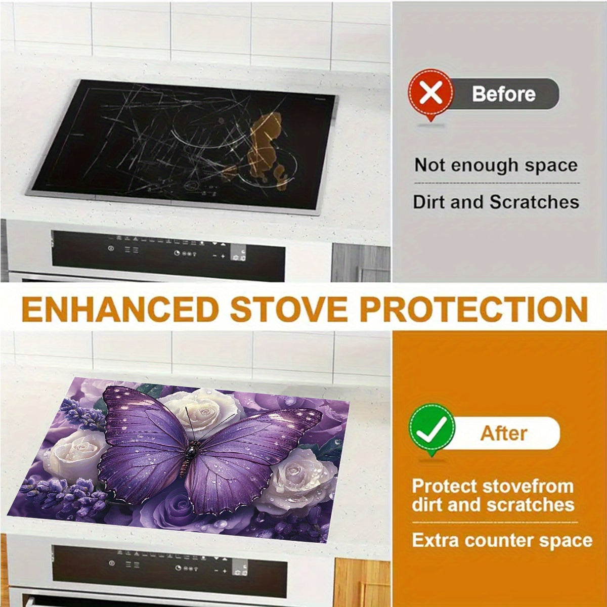 Binafsha rangli kapalak va gul naqshli quritish mato, pech usti himoya qiluvchi, issiqlikka chidamli, chizishga qarshi, sirg‘alishga qarshi, bardoshli