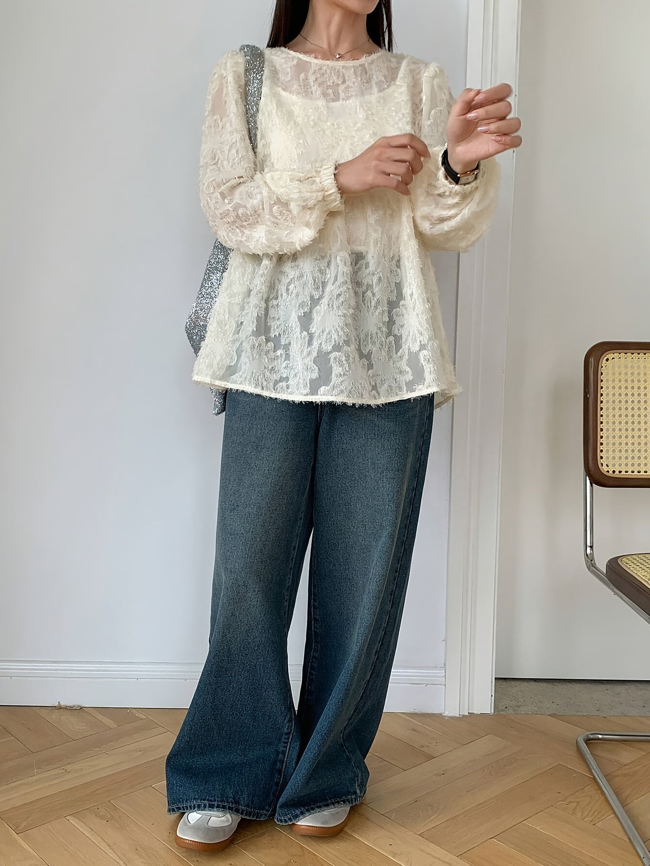 Women's Long Sleeve Blouse with Ruffled Hem in Textured Polyester Fabric