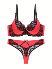 Colorblock Lace Lingerie Set with Bow Details and Push-Up Bra