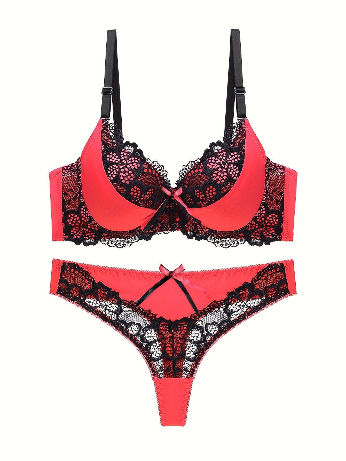 Colorblock Lace Lingerie Set with Bow Details and Push-Up Bra