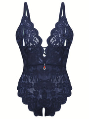 Plus Size Women Lace Bodycon Bodysuit Hollow-Out Contrast Sexy Constraints