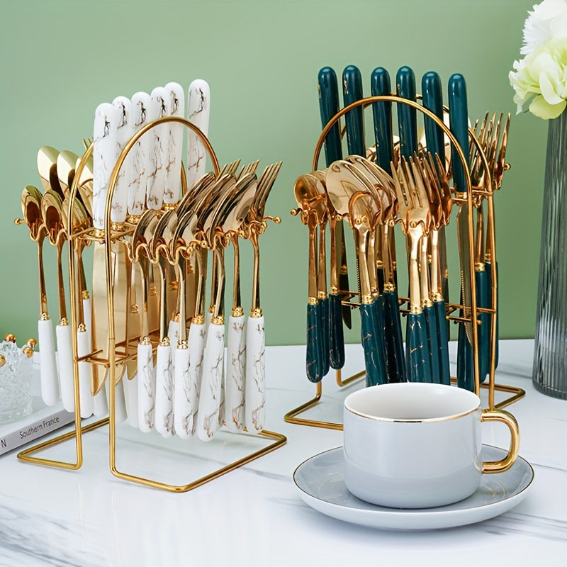 Juego de cubiertos de acero inoxidable de 24 piezas con mangos de cerámica para comer y postres