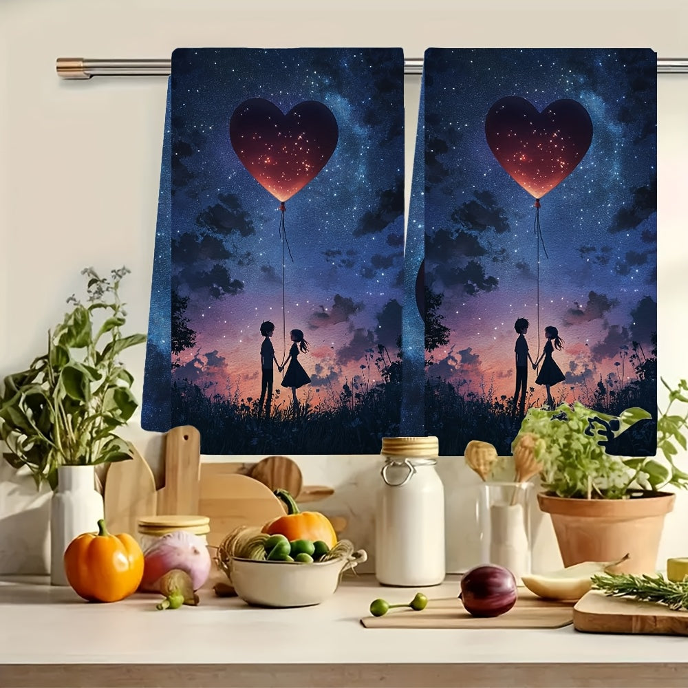 2 Ultra Soft Absorbent Kitchen Towels with Anime Couple and Heart Balloon