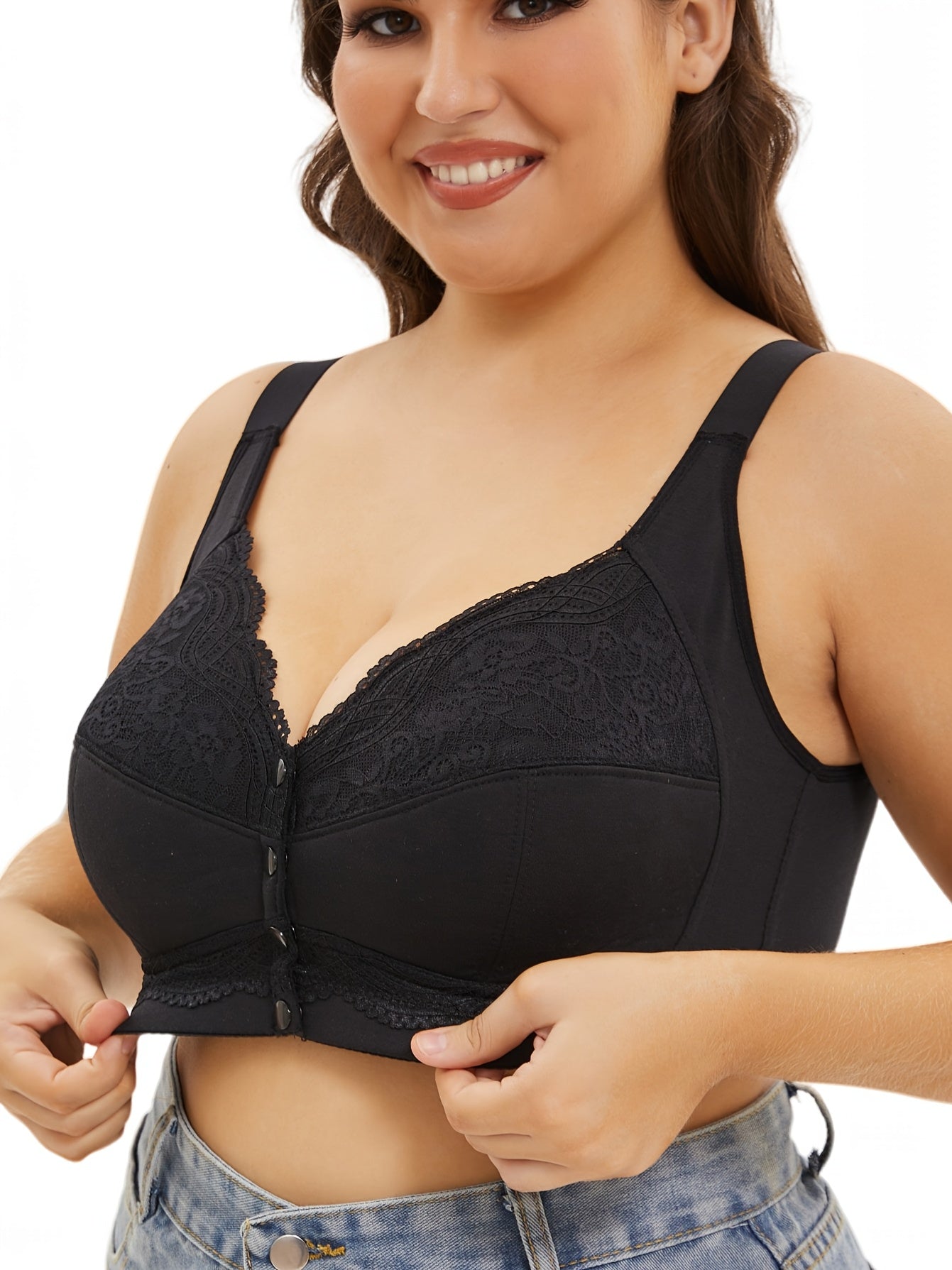 Women's Plus Size Lace Front Closure Underwear with Adjustable Straps Wireless Bra