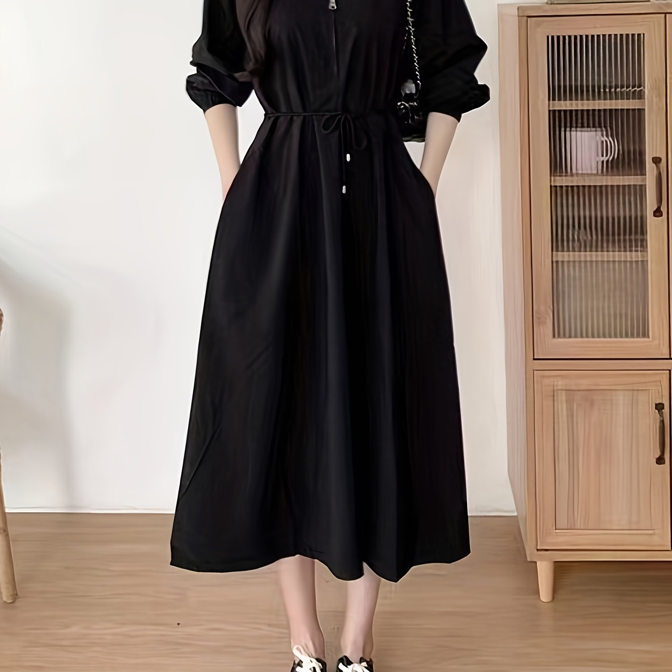 Beige Long Sleeve Midi Dress with Tie Waist Pockets for Women