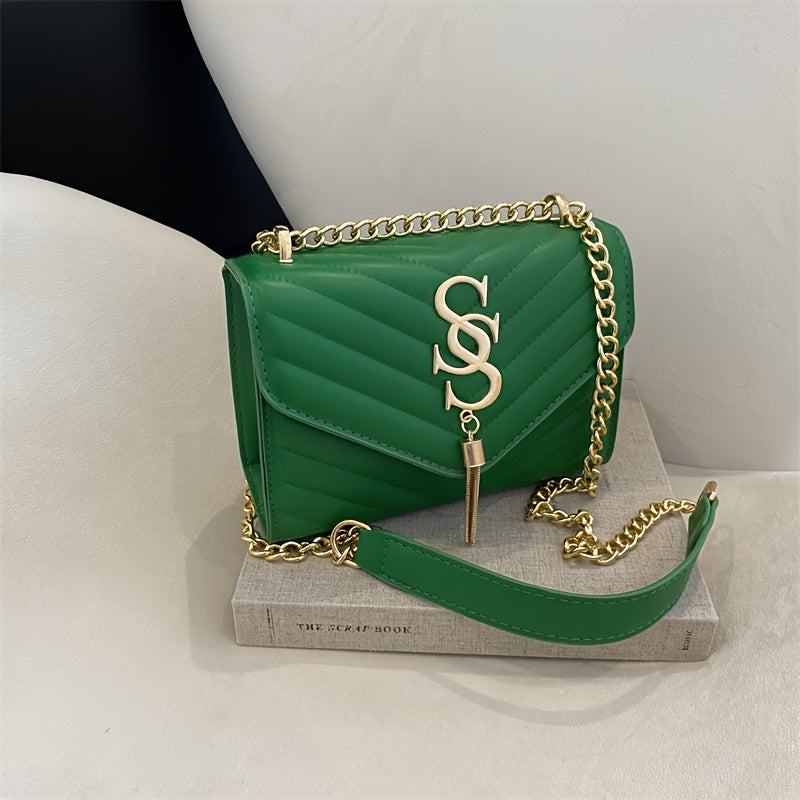PU Chain Decorated V-Shaped Tassel Square Shoulder Bag