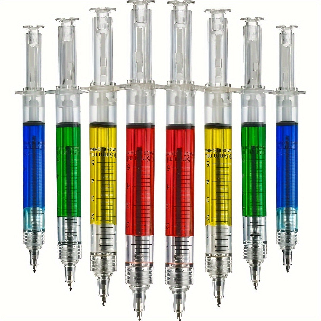 Syringe-Shaped Ballpoint Pens Set of 8 or 12 Plastic Retractable for School and Office