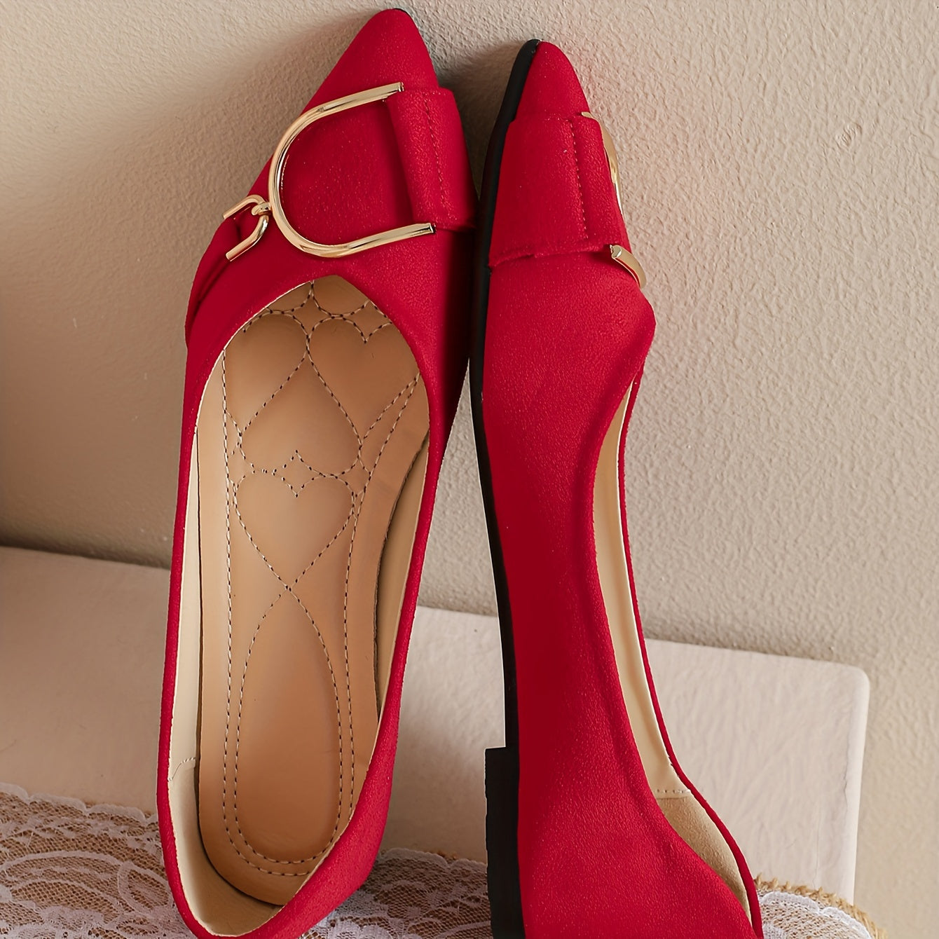 Women's Red Slip-On Flats with Pointed Toe and Buckle