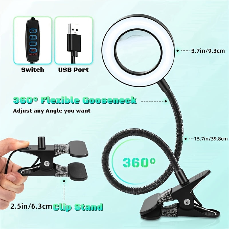 LED Desk Lamp with Magnifying Mirror Dimmable Clip-On Light for Reading and Office