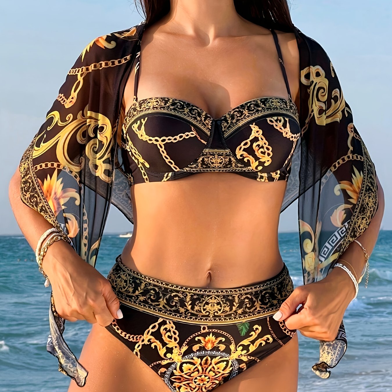 Boho Style Off the Shoulder Bikini Set with Geometric Pattern High Stretch Polyester Elastane for Women