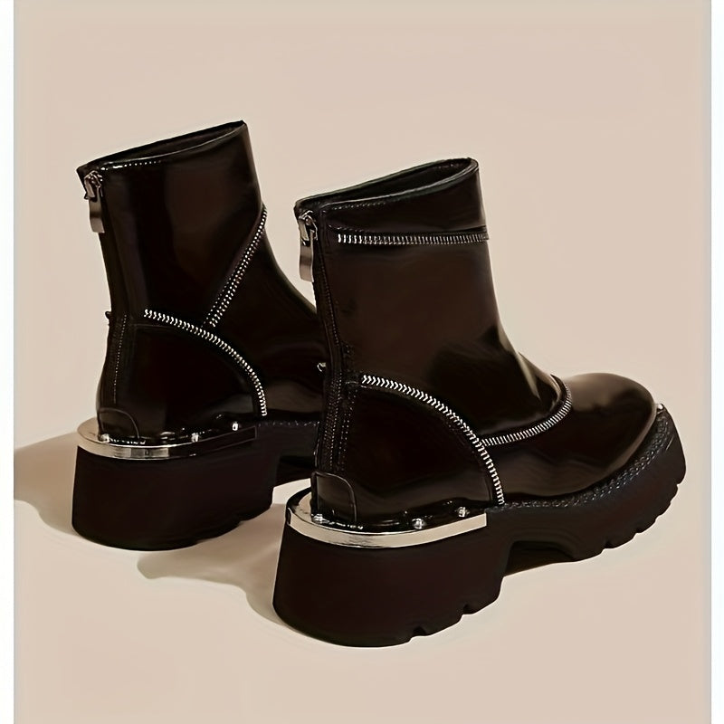 Women's Chunky Platform Boots Synthetic Black Slip-Resistant Zipper