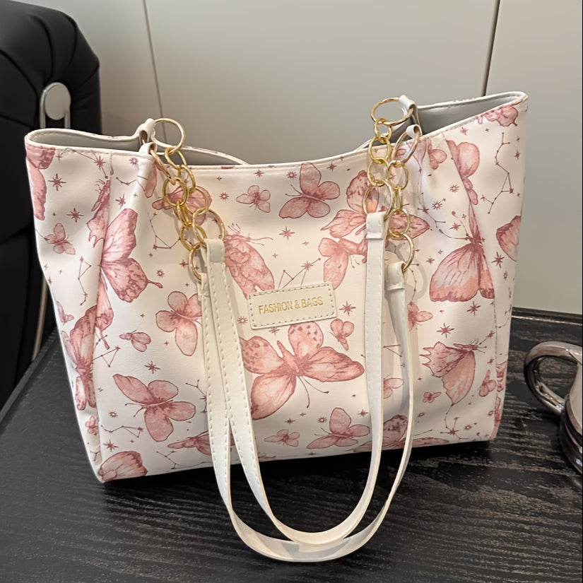 Women's Canvas Tote Bag with Floral Butterfly Design for Daily Use and Travel